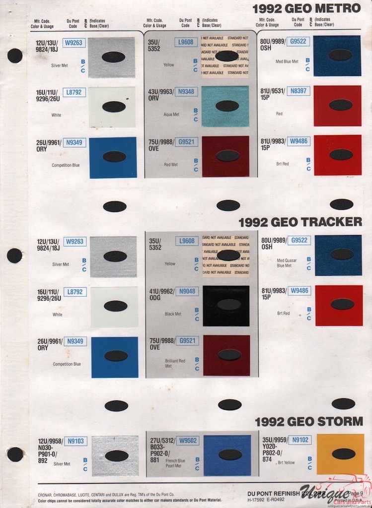 1992 GM GEO LeMans Saturn Paint Charts DuPont 2